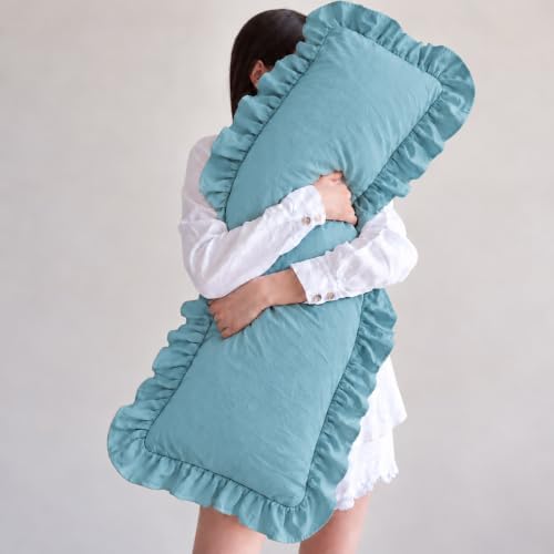 Dusty Blue Body Pillow Cover 20x54inches Long Pillowcase Ruffled Fringe Decor - Image 2