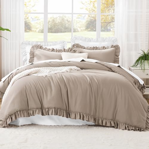 Litanika Queen Comforter Set, 3 Pieces Light Coffee Ruffle Bedding Set - Image 2