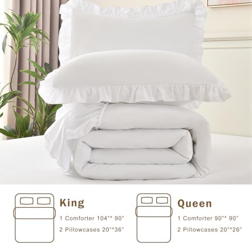 Cupocupa White Ruffle King Size Comforter Set; Shabby Chic Bedding Farmhouse - Image 6