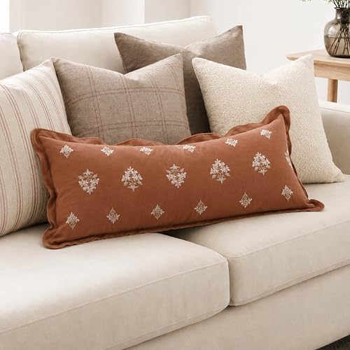 BlissBlush Decorative Long Pillow Cover 14x36 Terracotta Floral Embroidery - Image 5