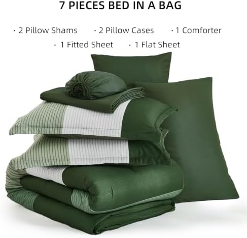 Olive Green King Size Comforter Set, 7 Pieces Boho Striped Bed in a Bag - Image 6