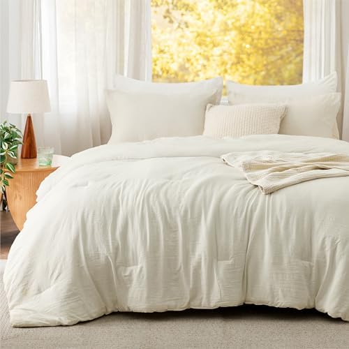 Bedsure Queen Comforter Set Prewashed Soft Bedding Set 3Pcs Ivory 90"x90" - Image 2