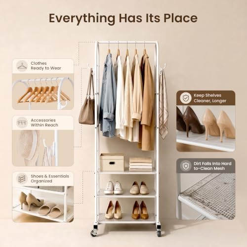 Cesun Small Clothes Rack with 3-Tier Mesh Shelves & 8 Hooks - Image 4