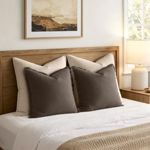 ANRODUO Euro Decorative Linen Fringe Pillow Covers 26×26 Taupe 2 Pack - Image 5
