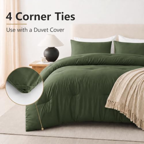 CozyLux Super King Plus Comforter Set, 3 Pieces Olive Green Quilted Bedding - Image 4