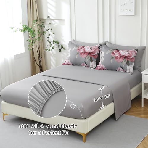 Pink and Grey Comforter Set Full Size 7 Piece Bed in a Bag, Floral Printed on - Image 6