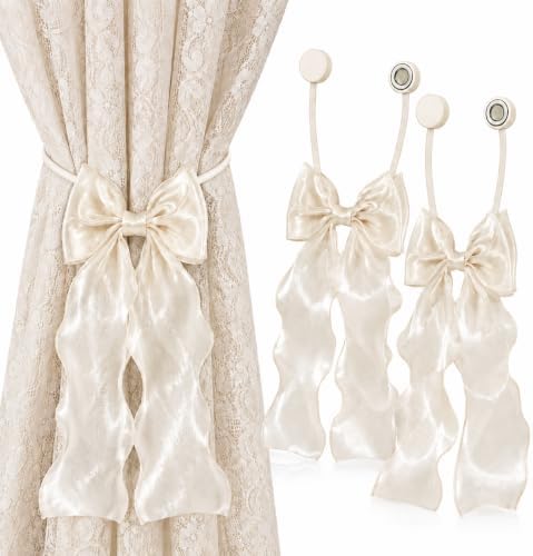 2PCS Strong Magnetic Ivory Bow Curtain Tiebacks, Coqueta Lace Ribbon Curtain by Unknown
