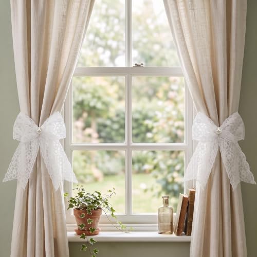 White Lace Bow Curtain Tiebacks 6-Pack, Vine Floral Curtain Holdbacks - Image 2