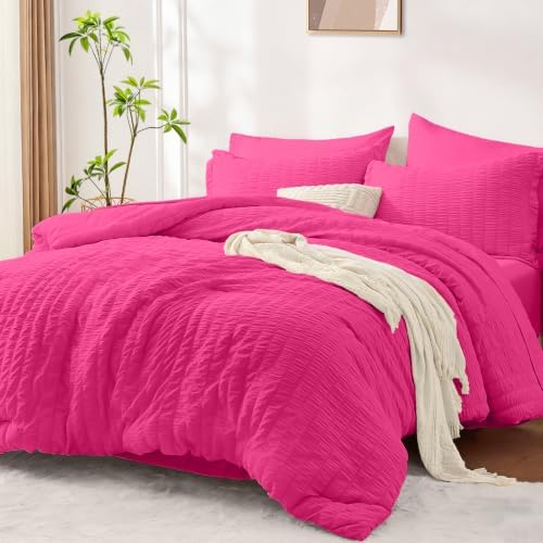 King Size Comforter Set with Sheets, 7 Pieces Bed in a Bag, Hot Pink by FUANNA