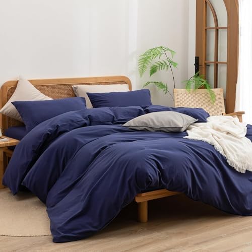 BESTOUCH Cotton Solid Duvet Cover Set Linen Feel Navy Blue Alaska King - Image 4