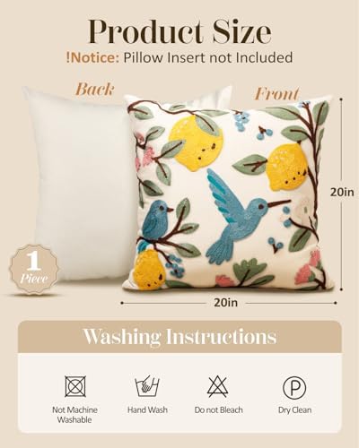 Embroidered Throw Pillow Cover 20x20 Inch, Bird Lemon - Image 4