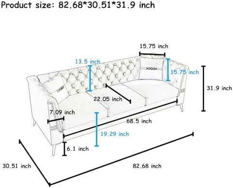83" Oversized 3 Seater Sofa, Velvet Couch - Image 2