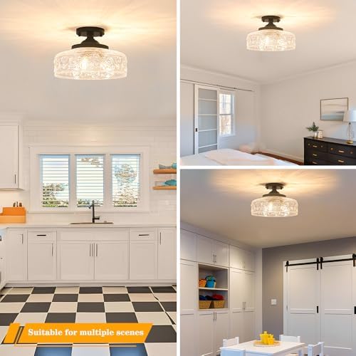 Semi Flush Mount Ceiling Light Fixture, Vintage Matte Black 3-Light Fixture - Image 5