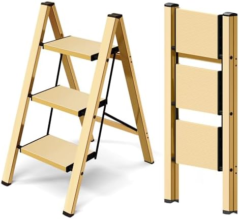 Taranta 3 Step Stool Foldable, Aluminum Step Ladder-Gold by TARANTA