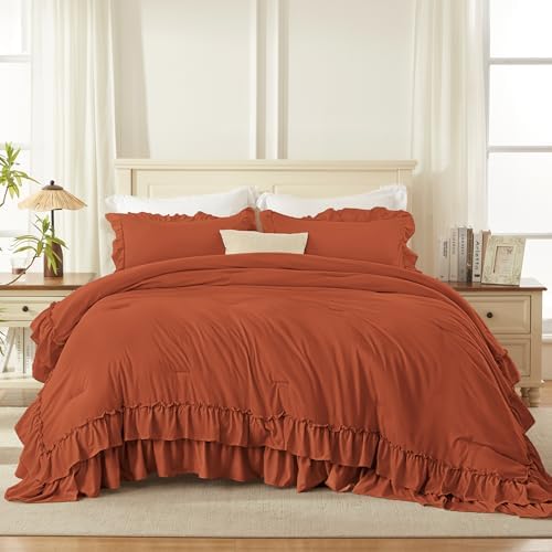Andency Burnt Orange Twin Size Ruffle Comforter Set, 2 Pieces - Image 3