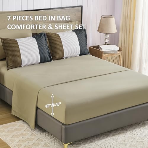 Striped King Size Comforter Set, 7 Pieces Brown Black Beige Bedding Set - Image 5