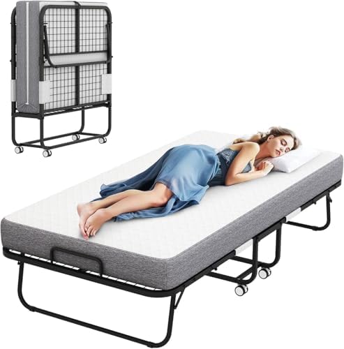Deluxe Folding Bed with 5" Memory Mattress, Roll Away Foldable Beds on Wheels by RAOGIE
