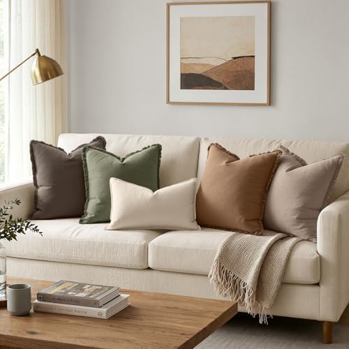 ANRODUO Euro Decorative Linen Fringe Pillow Covers 26×26 Taupe 2 Pack - Image 4
