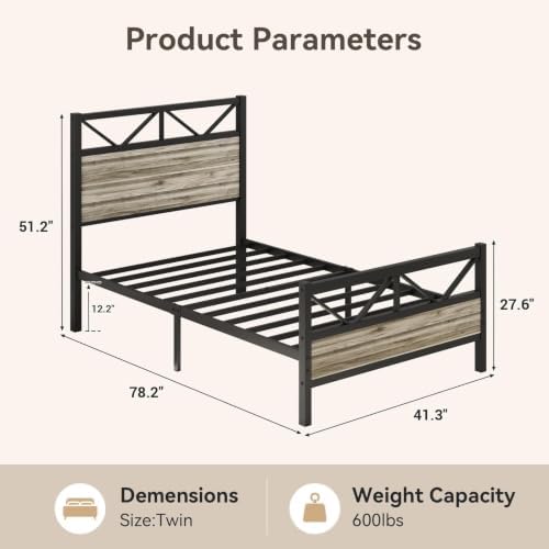Twin Size Bed Frame with 51.2'' Tall Headboard, Wash Grey - Image 2