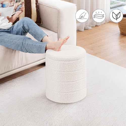 Compact Round Folding Storage Ottoman, Cream White Boucle Footstool - Image 2