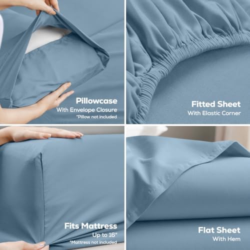Full Sheets Set, 4 Pieces 16" Deep Pocket Hotel Luxury Sheets, Dutch Blue - Image 3