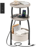 Side Table with Charging Station, Small Round End Table with Basket by designyourhome