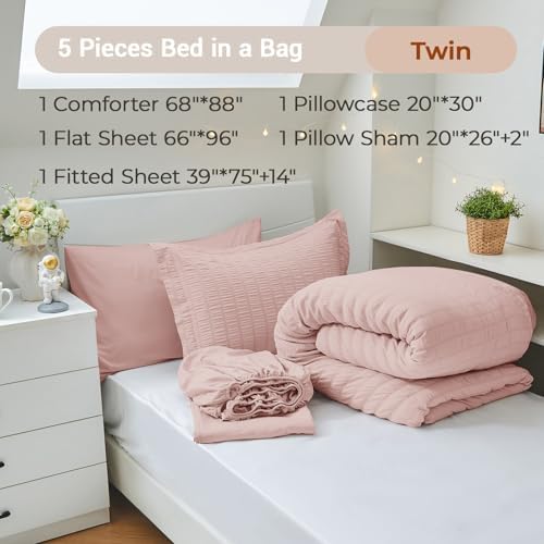MUXHOMO Twin Comforter Set 5 Pieces, Seersucker Bed in a Bag, Rose Gold - Image 4
