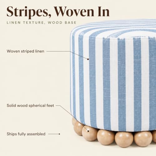 TOV Furniture Dex Small Round Ottoman Footstool, Striped Linen, Pastel Blue - Image 4