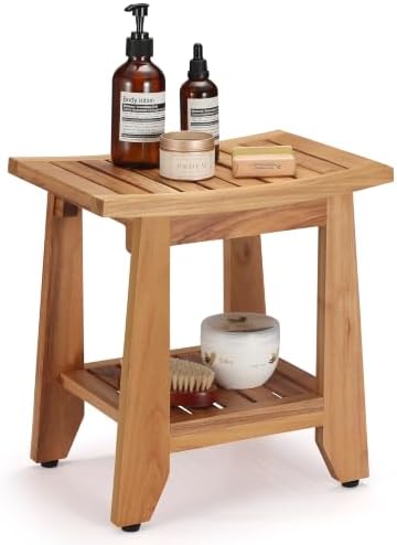 Teak Shower Bench Stool, Non-Slip Solid Teak Shower Seat Chair by Teakaura
