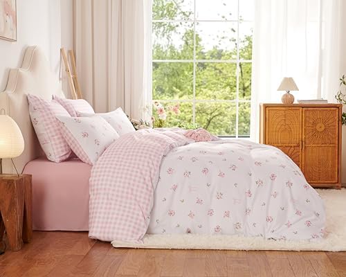 Nayoroom Pink Floral Comforter Set Full Reversible Gingham Bedding - Image 4