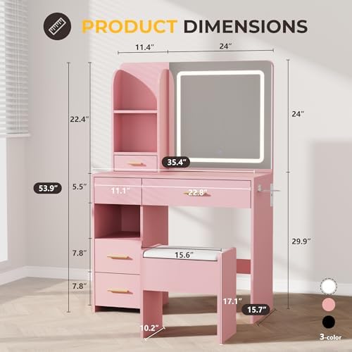 35" Makeup Vanity Desk with LED Mirror and Storage Stool - Image 2