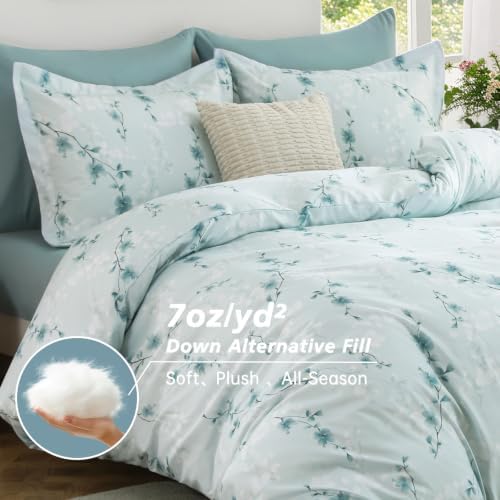 MUXHOMO Queen Comforter Set, 7-Piece Floral Bed in a Bag, Dusty Blue - Image 3