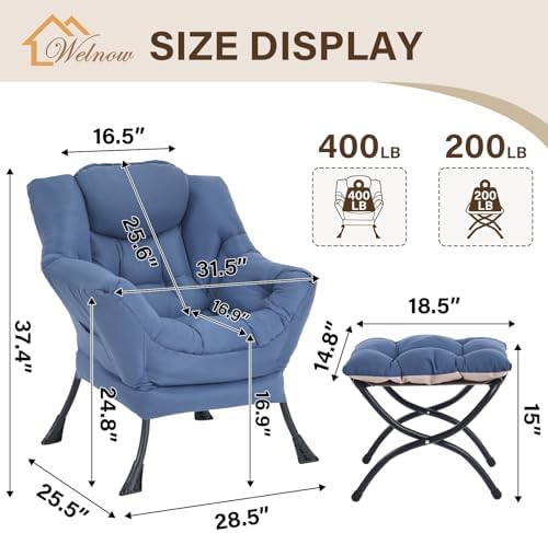 Welnow Lazy Chair with Ottoman, Reading Chair with Footrest, Royal Blue - Image 3