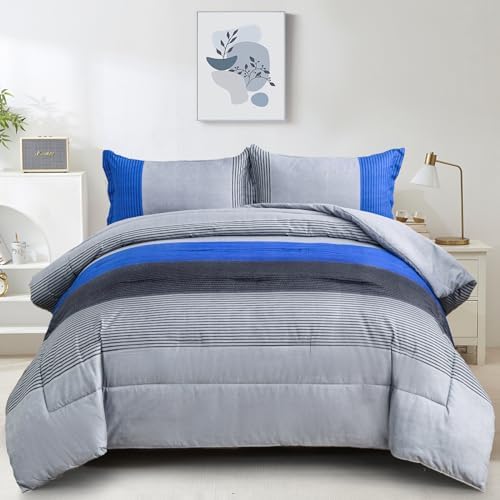 WONGS BEDDING Blue Stripe Comforter Set Full Reversible Grey Blue Patchwork by WONGSBEDDING