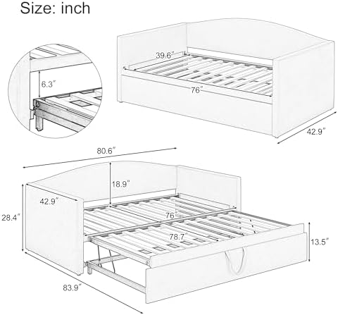 SOFTSEA Twin Daybed with Pop Up Trundle, Velvet Upholstered Extendable Day Bed - Image 2