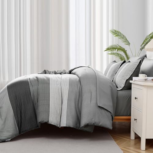 WONGS BEDDING Grey Comforter Set Queen, Reversible Grey Striped Patchwork Down - Image 5