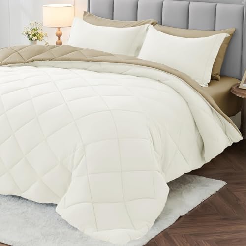 MUXHOMO Queen Comforter Set 7 Pieces, Reversible Bed in a Bag, Ivory/Khaki by MUXHOMO