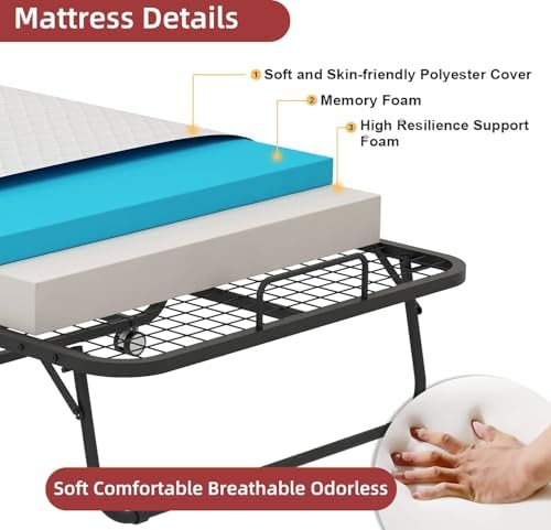 Deluxe Folding Bed with 5" Memory Mattress, Roll Away Foldable Beds on Wheels - Image 5