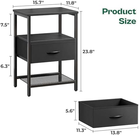 Huuger Storage Shelf with 2 Drawers, Bed Side Table with Open Shelf - Image 3