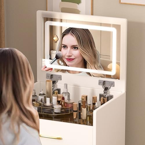 3 in 1 Vanity Desk with Plip Top Mirror and Lights, Small Make Up Vanity Set - Image 3