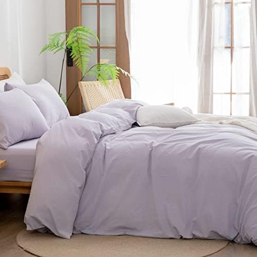 BESTOUCH Cotton Solid Duvet Cover Set Linen Feel Taro Purple Full - Image 3