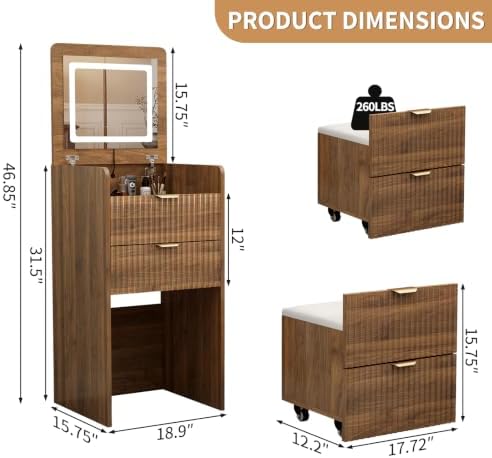 3 in 1 Vanity Desk with Flip Top Mirror and Lights, Compact Vanity with 3 - Image 2