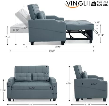VINGLI Blue Grey Futon Sofa Bed Convertible Loveseat Sleeper Couch, Faux - Image 3