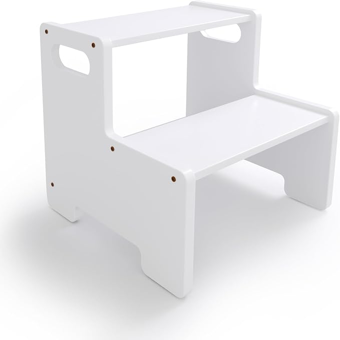Wooden Step Stool,Two Stepping Stool for Kids/Adults,Supports 300 lbs Toddler Foot Stool,Toilet/Kitchen/Bed Step Stool,White 1 Pack