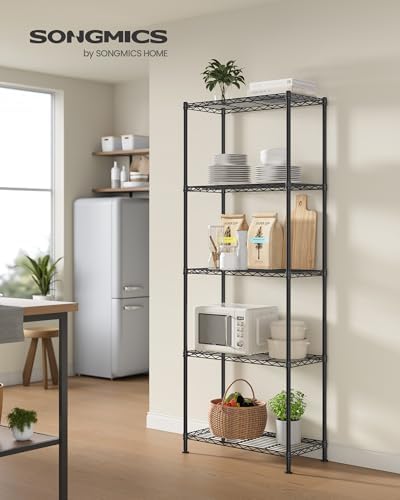 SONGMICS 5-Tier Storage Shelves, Adjustable Wire Shelving Unit, 8 Hooks - Image 2