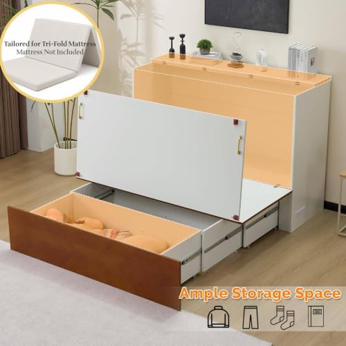 VINGLI Full Murphy Bed with Storage Drawer, 2 Charging Station, Rustic & - Image 5