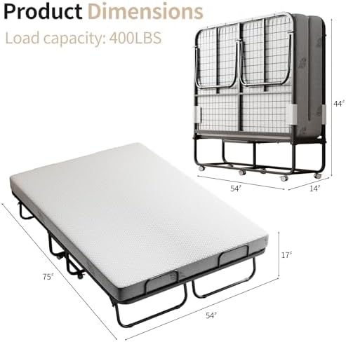 Folding Bed with 5" Memory Mattress, Roll Away Foldable Beds on Wheels - Image 3