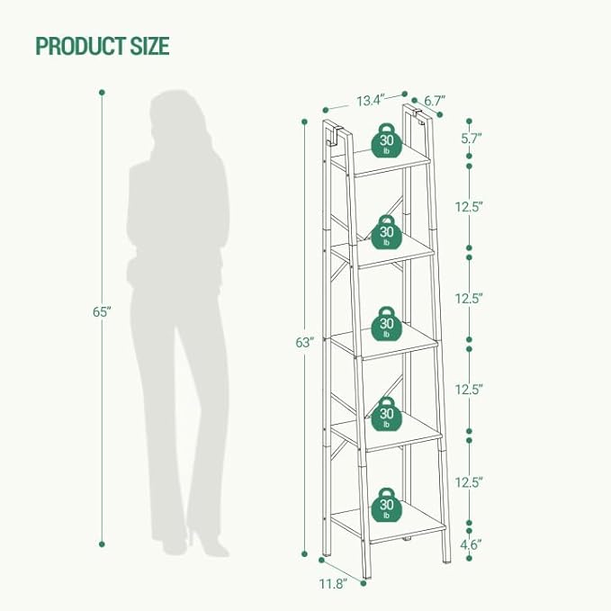 Ladder Shelf, Bookshelf Bookcase, Freestanding Corner Storage Shelve with 2 Hooks for Home Office, Living Room, Kitchen, Bedroom, Industrial, 5-Tier Greige BC03205B