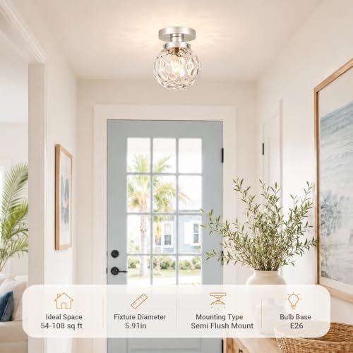 Small Semi Flush Mount Ceiling Light Fixtures, Vintage Globe Hammered Glass - Image 2