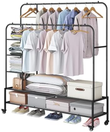 SUOERNUO Clothes Rack with Lockable Wheels Double Rods Metal Garment Racks by SUOERNUO